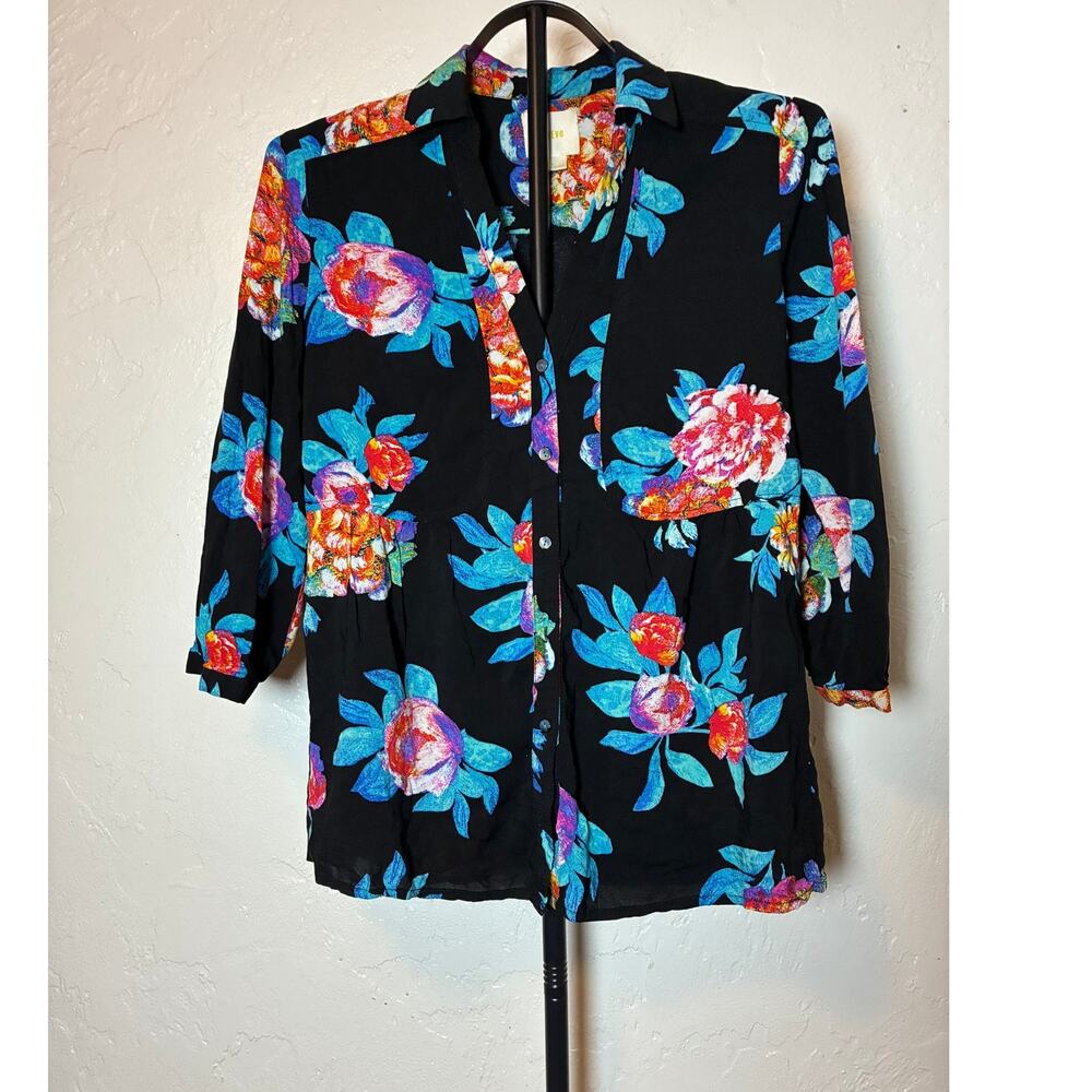 Maeve Anthropologie Floral Rayon Button Down Blouse Black Neon Orange Teal